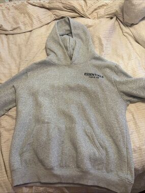 ESSENTIALS Gray Hooded Pullover with Chest Logo